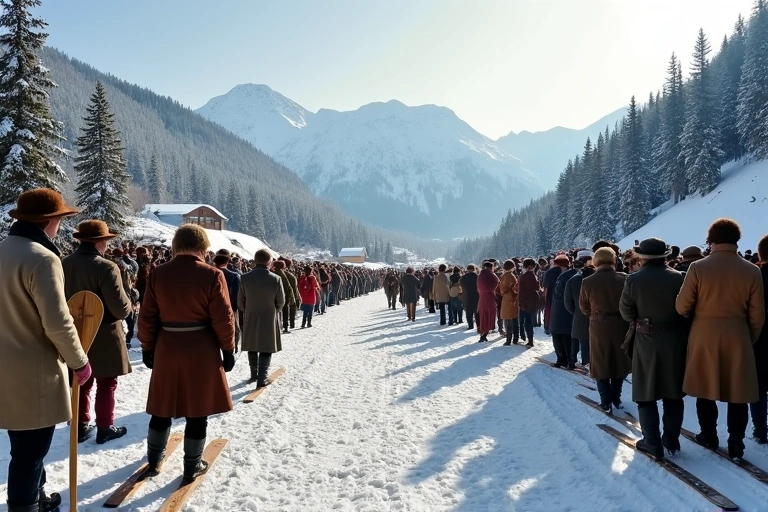 Panoramic view of a historical winter sports event with vintage equipment and enthusiastic crowd