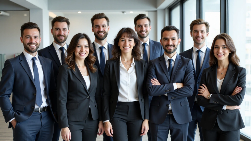 Professional group photo of diverse individuals in business attire, smiling, in a modern office setting