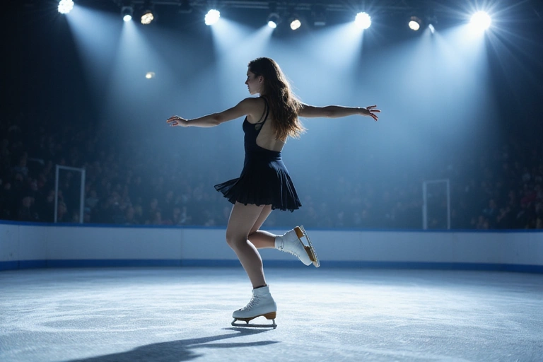 Figure skater performing a graceful jump on ice with spotlights.