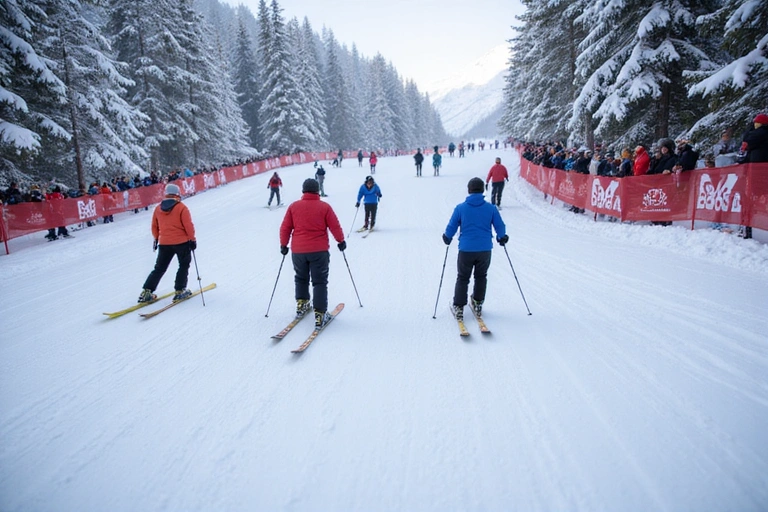 Skiers racing down a snowy mountain with spectators cheering.