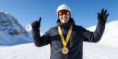 Snowboarder celebrating on podium