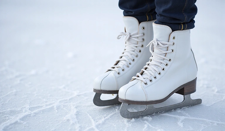 A pair of ice skates on a pristine ice rink, ready for competition