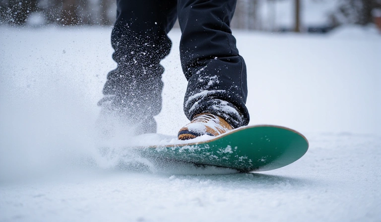 Close-up of a snowboarder carving through fresh snow