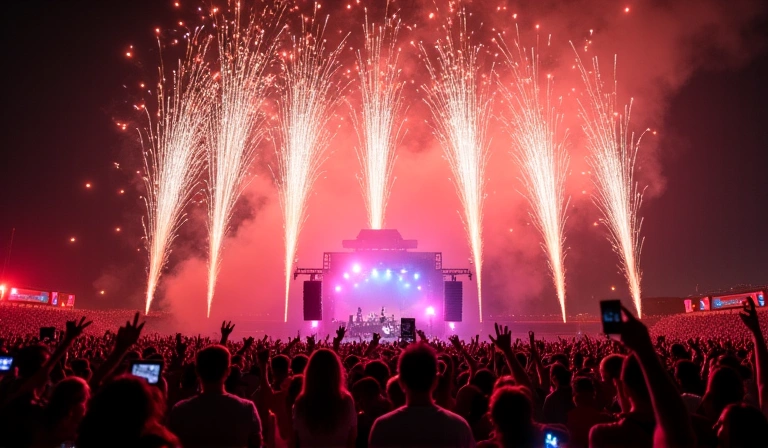 A lively celebration with fireworks and a large crowd at night.
