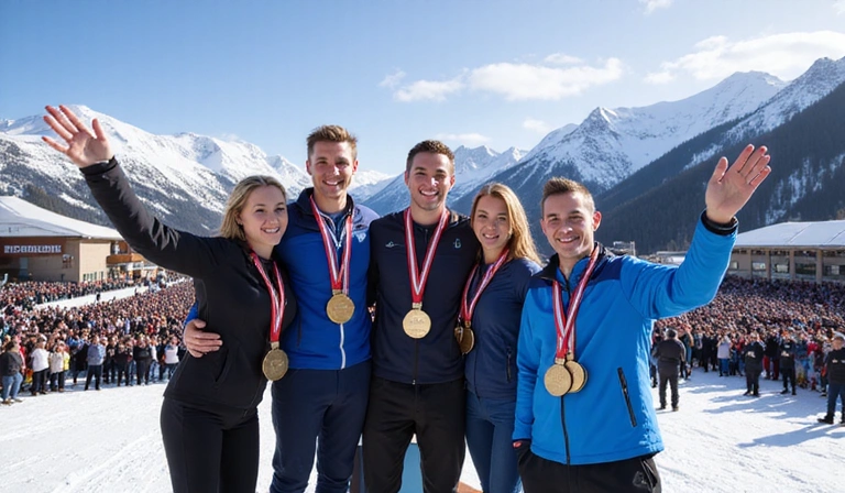 Athletes on a podium receiving medals with a crowd cheering.