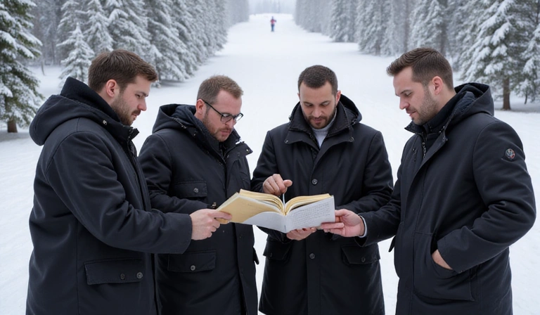Judges reviewing sports rules in a snowy environment